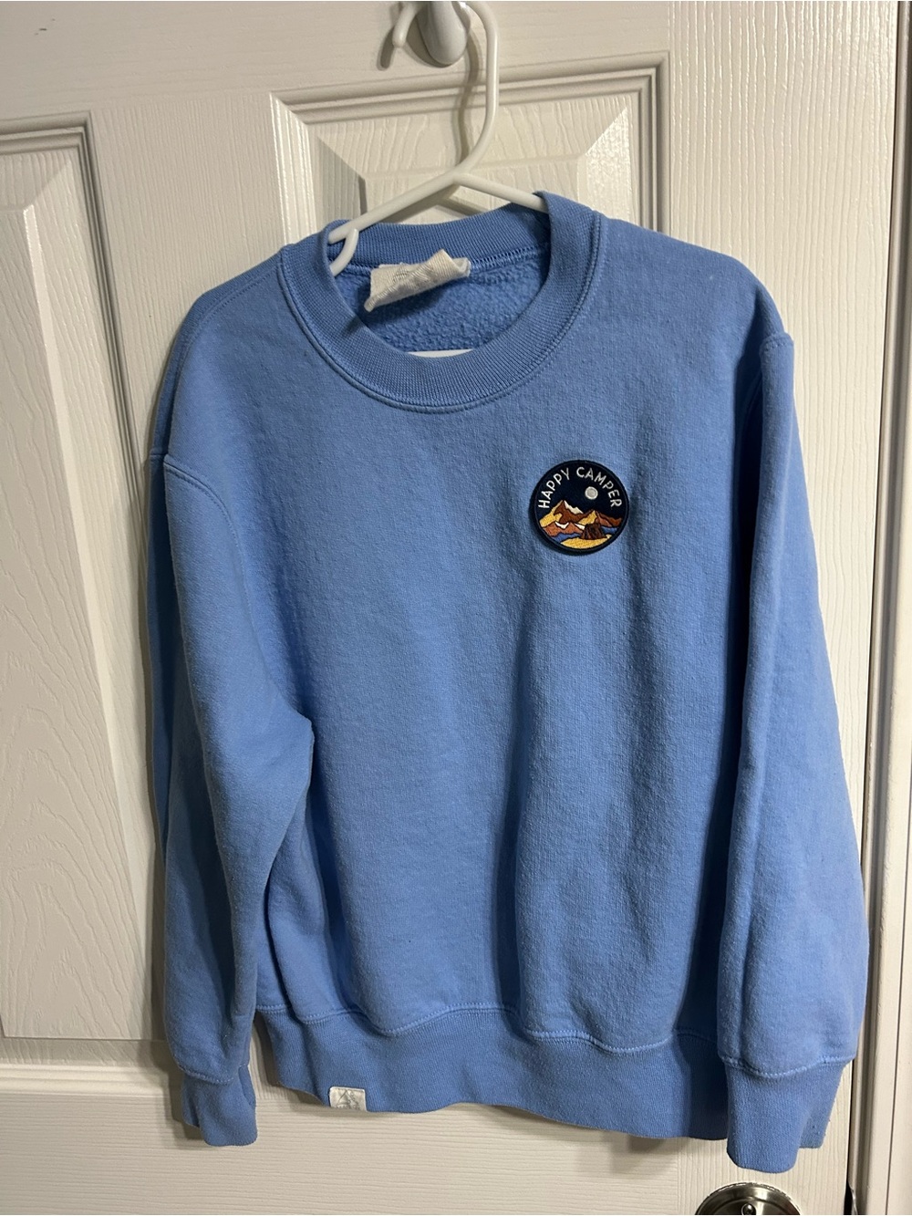 Light Blue Crewneck Sweatshirt with Happy Camper Patch